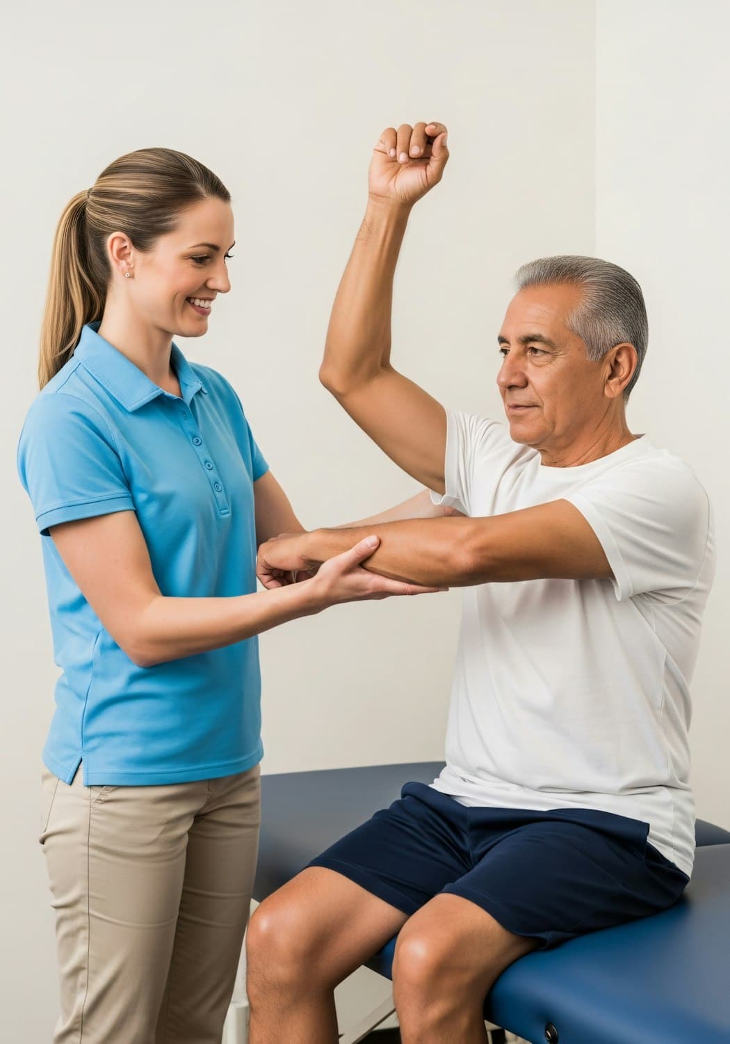 A physiotherapist supporting a patient's arm during a shoulder strengthening exercise